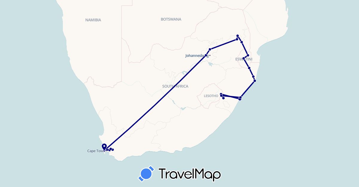 TravelMap itinerary: driving in Lesotho, Swaziland, South Africa (Africa)